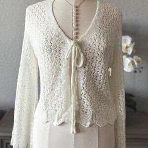 Women's Crochet Knit Tie Front Bell Sleeve Cardigan | Cream
